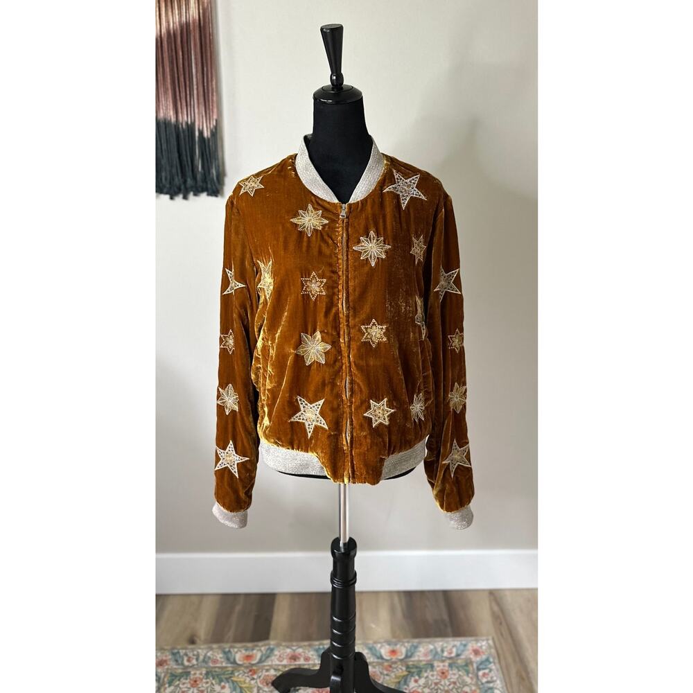 BAND OF GYPSIES Gold Velvet Star Bomber Jacket Size L - Picture 2 of 7